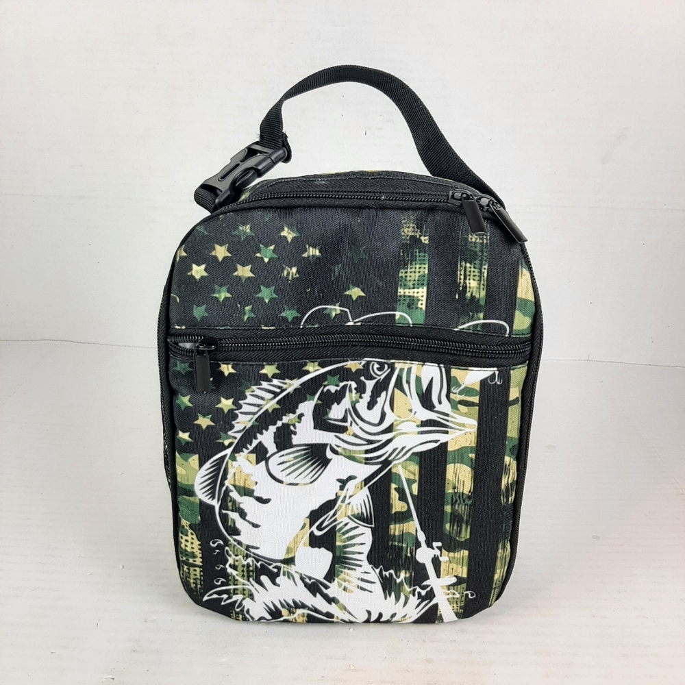 Bass Fish Patriotic Camouflage Flag Insulated Zipper Lunch Bag Bottle Pocket